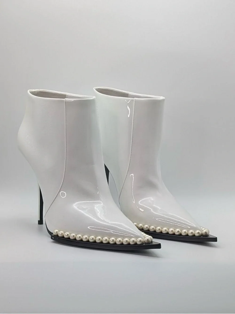 NWT Dolce & Gabbana White Patent Pearl-Trim Stiletto Ankle Boots NIB Authentic - Picture 3 of 16